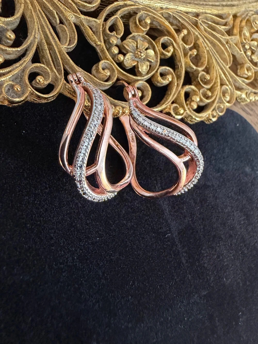 PAJ 18K Rose Gold Over Sterling Silver Diamond Accent Open Wave Hoop Earrings